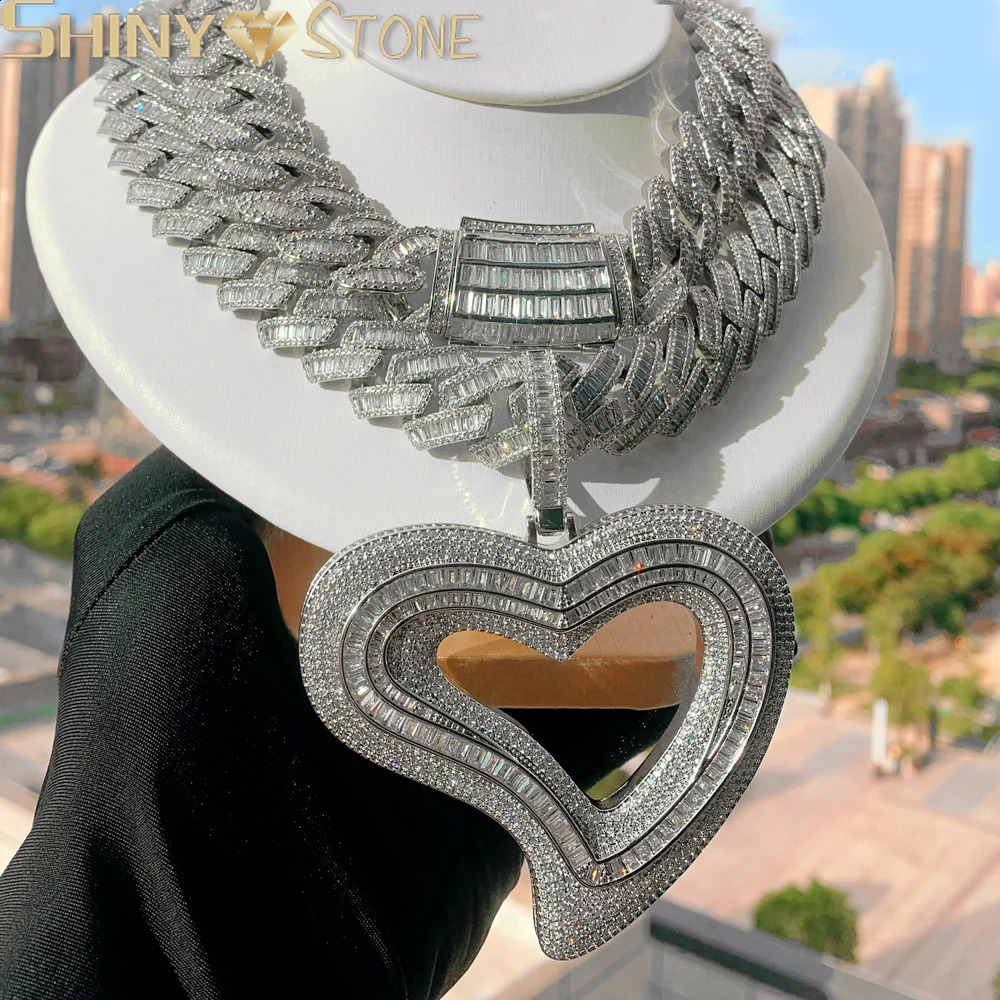 ice out large hollow heart-shaped pendant necklace with golden shimmer CZ cubic zirconia tennis chain charm womens hip-hop jewelry 240810
