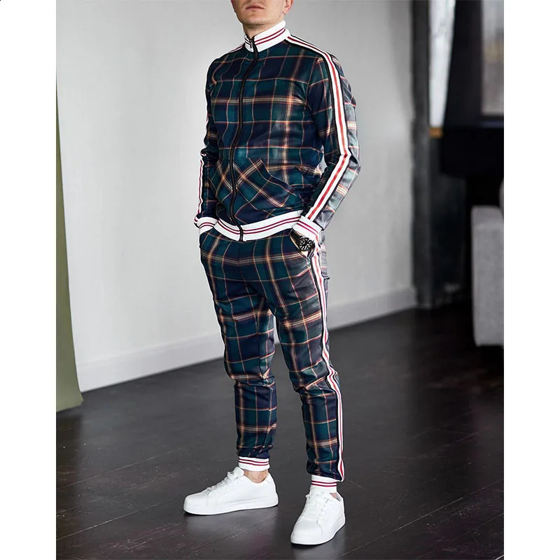 Mens Tracksuits Colorful Plaid Casual Zipper Hoodie Set 3D Print Set Autumn Male Sweatshirt Clothes For Men 240816