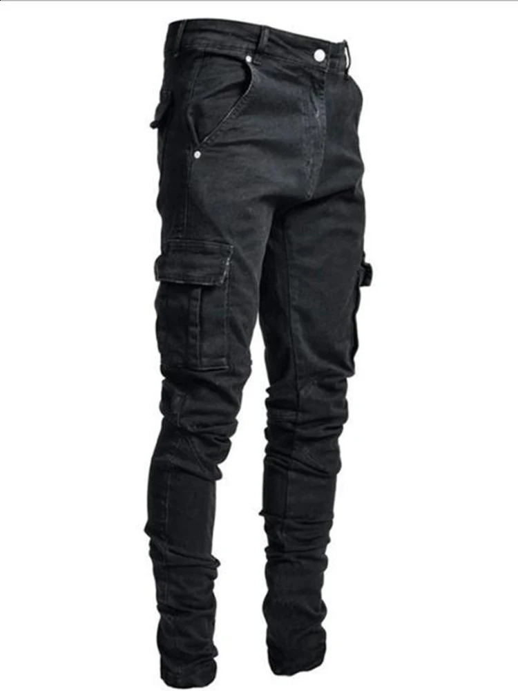 Mens denim cargo pants wrapped in multiple pockets ripped blue jeans spring hiphop boys clothing pencils mens 240816