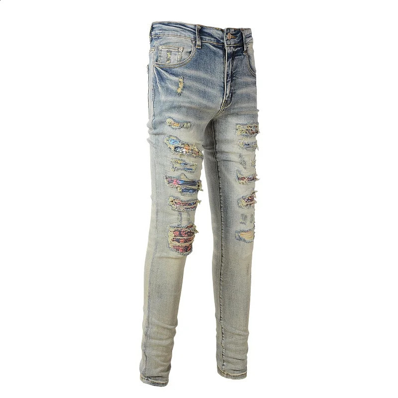 Mens Distressed Blue Bandanna Patch Work Hole Repair Tight Elastic Mouse Slim fit Open Back Jeans 240816