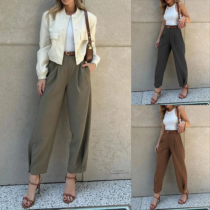 Women Pants Temperament High Waist Cargo Pants Zipper Fly Female Ankle Trousers Pantalones Pockets Casual Nine-point Suit Pants 240816