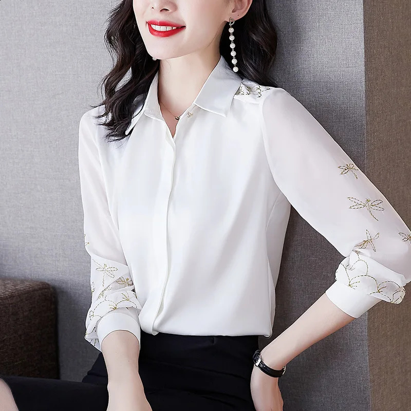 Chiffon womens long sleeved shirt OL temperature spring summer acetate satin 240814