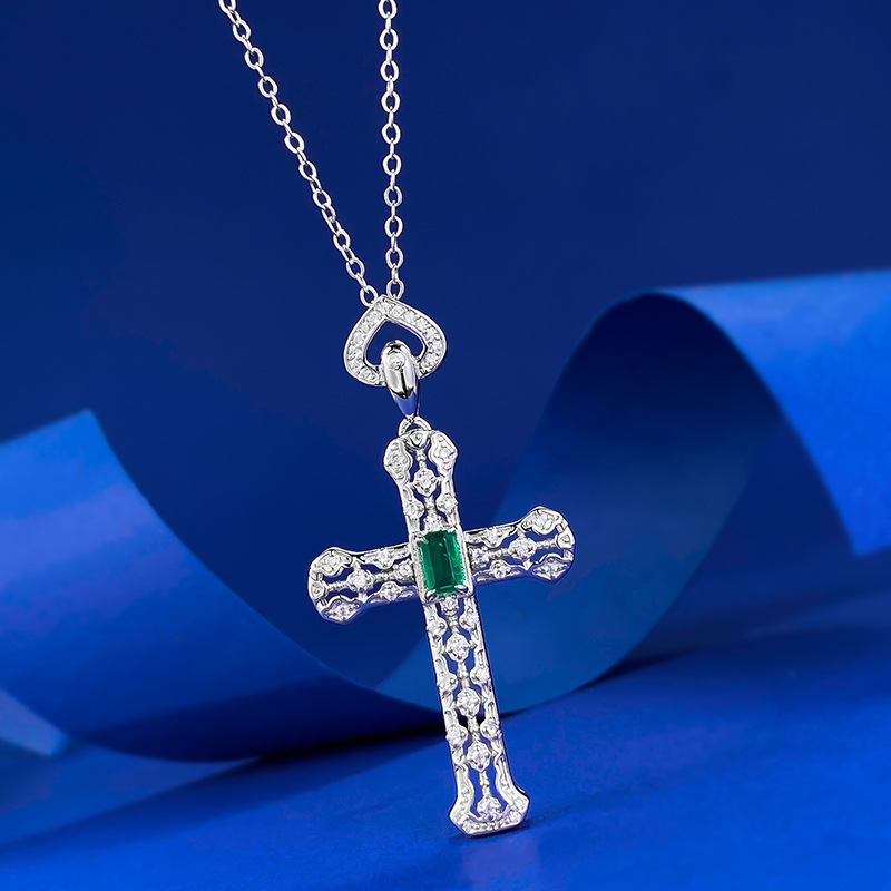 Choucong Cross Pendant French Vintage Jewelry Real 100% Sterling Sier 3MM*5MM Emerald Moissanite Dia Party Women Elegant Clavicle Necklace Gift