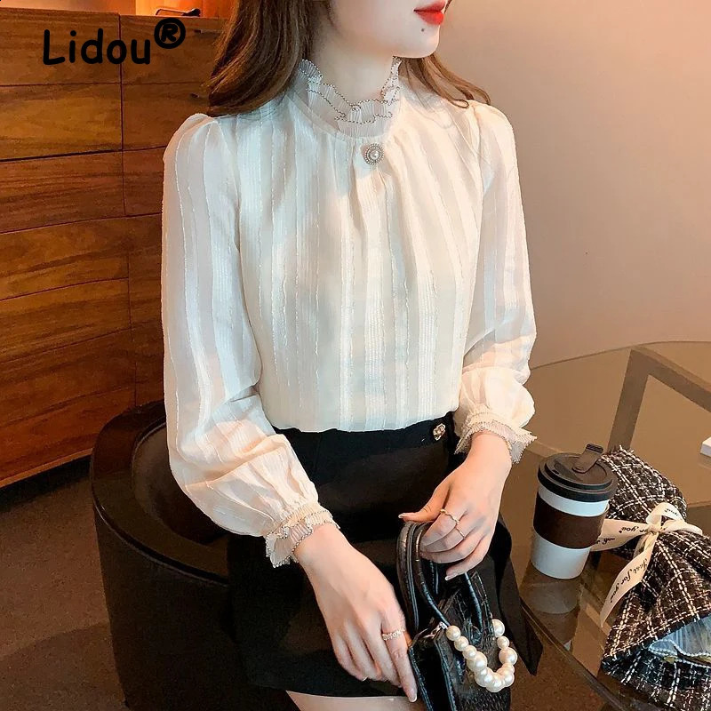 Womens fashionable retro pleated bead sweet shirt elegant and unique stand up collar chiffon womens casual long sleeved solid top 240814