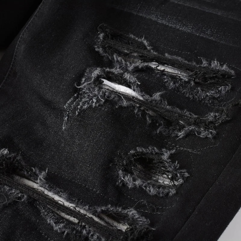 Distressed Black Damaged Holes Ribs Pathcwork Repaired Streetwear Tight Stretch Jeans 240816