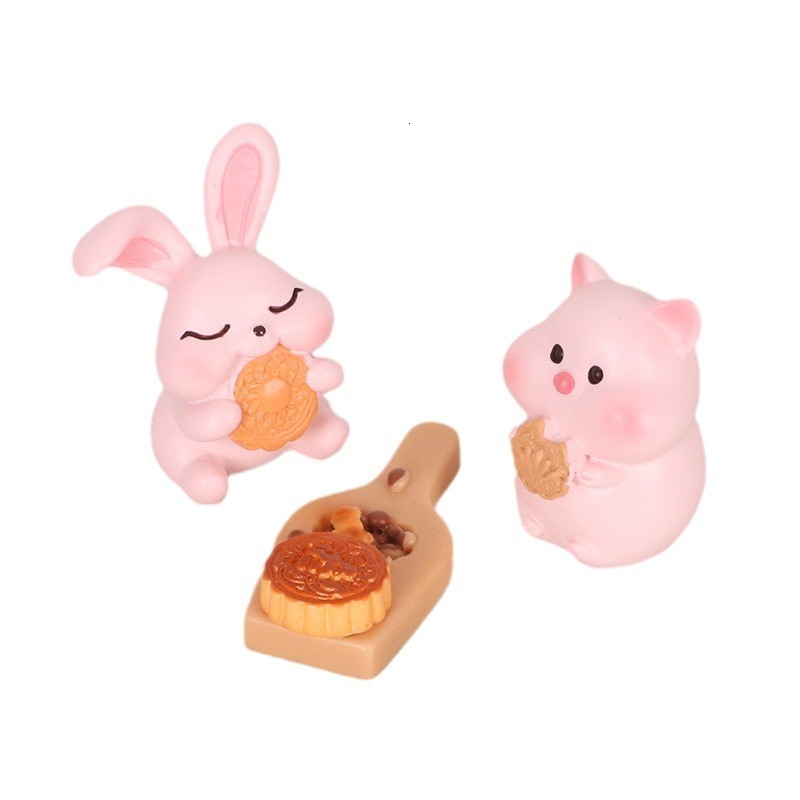 Cute Greedy Pig Mooncake Rabbit Micro Landscape Baby House Food and Play Scene Creative Resin Crafts Home Decoration