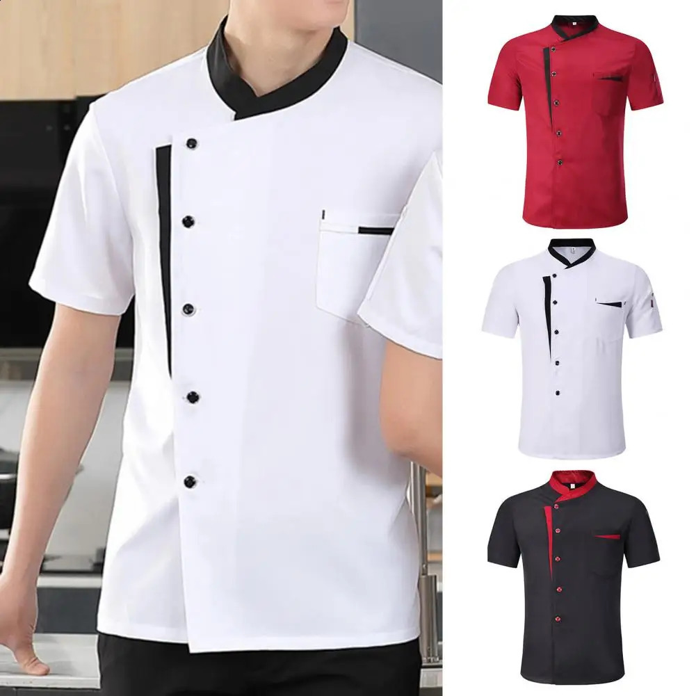 Sweat-wicking Chef Shirt el Kitchen Chef Uniform Set Hat Apron Shirt Unisex Stand Collar Short Sleeve Single-breasted 240816