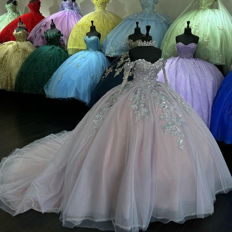 Light Purple Shiny Sweetheart Long Sleeved Princess Quinceanera Dresses Ball Gown Applique Lace Beaded Off Shoulder Sweet 16 Vestidos De XV 15 Anos