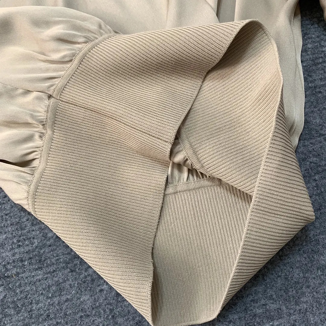 Classic Silk Office Womens Cross Front Long Sleeve Ribbed Belt Splicing Work Style Shirt 240814