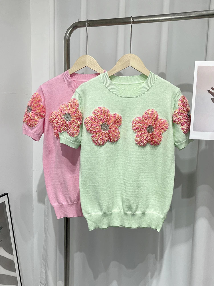 Fashion 3D Flower Print Women Knit Pullover Elegant Slim O-neck Short Sleeve Sweater Spring Summer Female Panelled Knitwear 240812