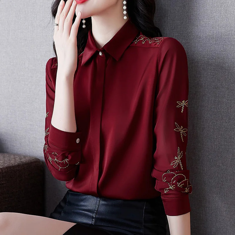 Chiffon womens long sleeved shirt OL temperature spring summer acetate satin 240814