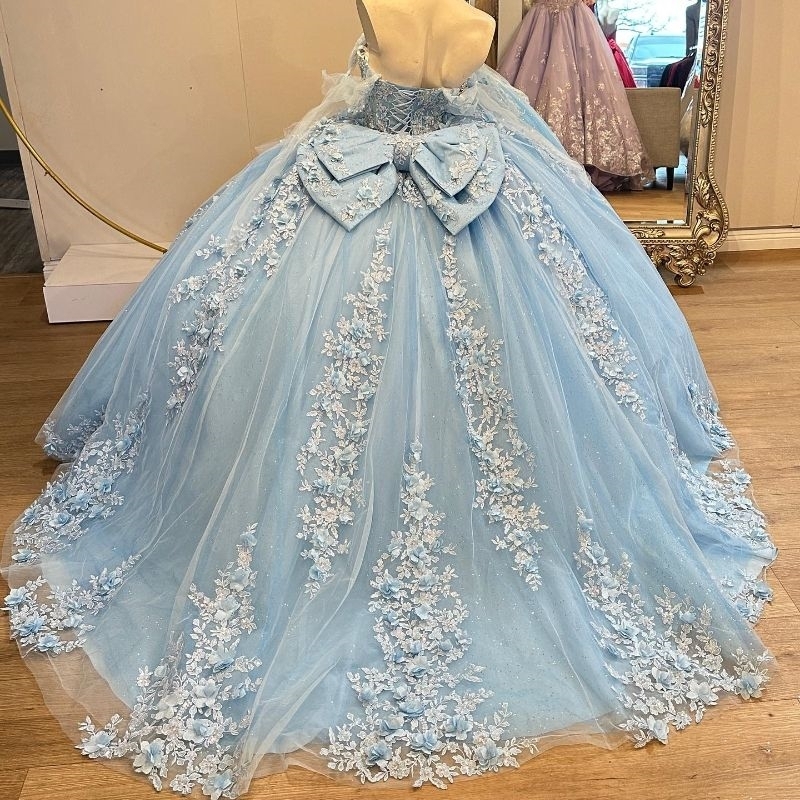 Shiny Quinceanera Dresses Gowns Ball Off the Shoulder 3D wer Applique Bead Tull Sweet 16 Vestidos De XV 15 Anos