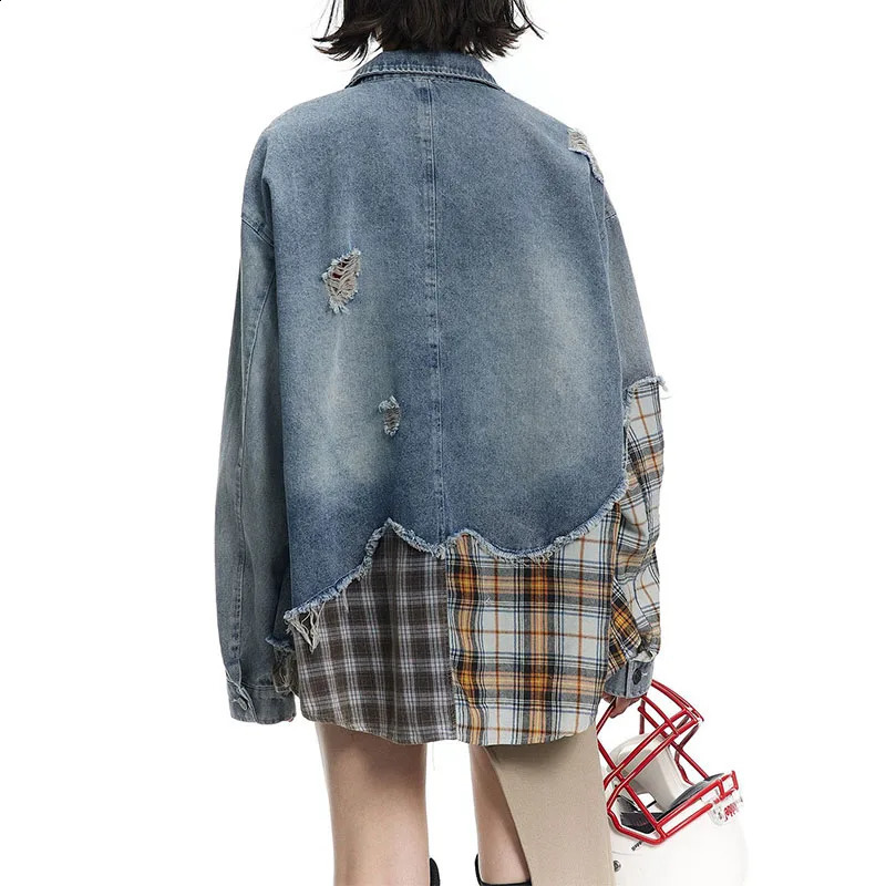 Oversized Hip Hop Ripped Casual Denim Jackets Hi Street Vintage Blue Jeans Coats For Male Patchwork 240816