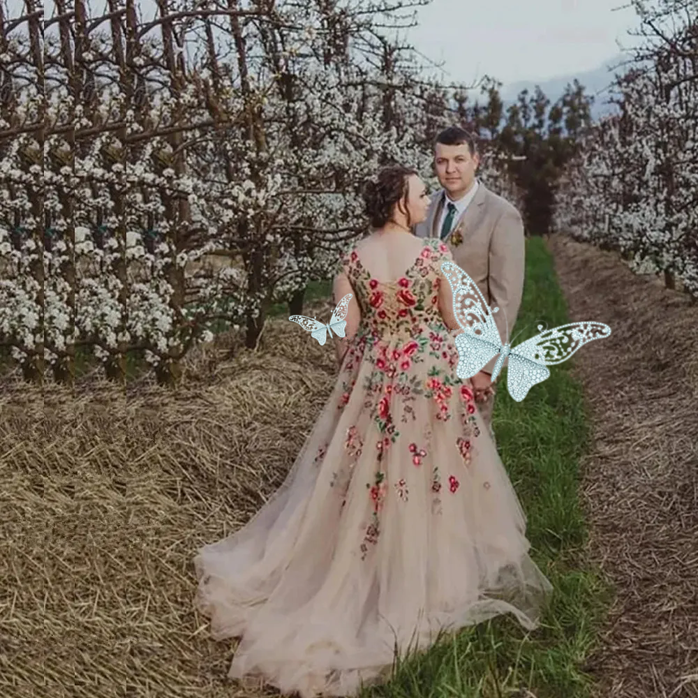 Rose Ral Sleeveless Wedding Dress Colorful V Neck Sexy Sheer Western Country Bridal Gowns Vestido De Noiva Custom Made 0218