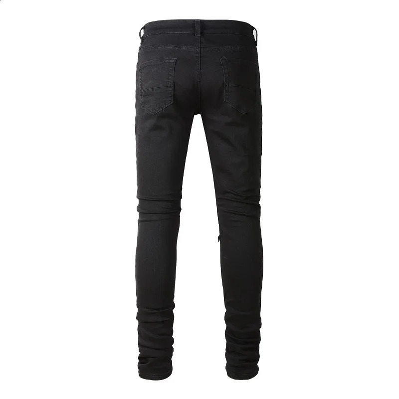 Black EU Drip jeans street ultrathin fit Distressed Holes black leather ribs patchwork stretch suitable for young boys 240816