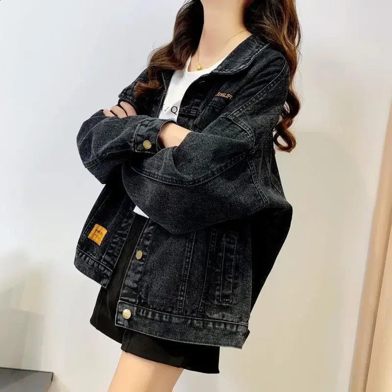 Women's Denim Jacket, Spring Loose Letter Print, Casual Black Workwear