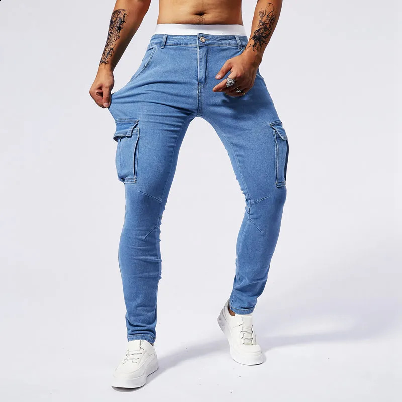 Slim Fit Large Pocket Jeans Cargo Pants for Men Fashionable Casual Hip Hop Stretch Denim Long Pants Male Streetwear Track Pants 240814