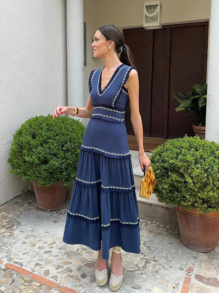 Women Vintage Chic Fringes Spliced Midi Ruffles Dress Fashion V Neck Sleeveless High Waist Robes Summer Lady Party Vestidos 240816