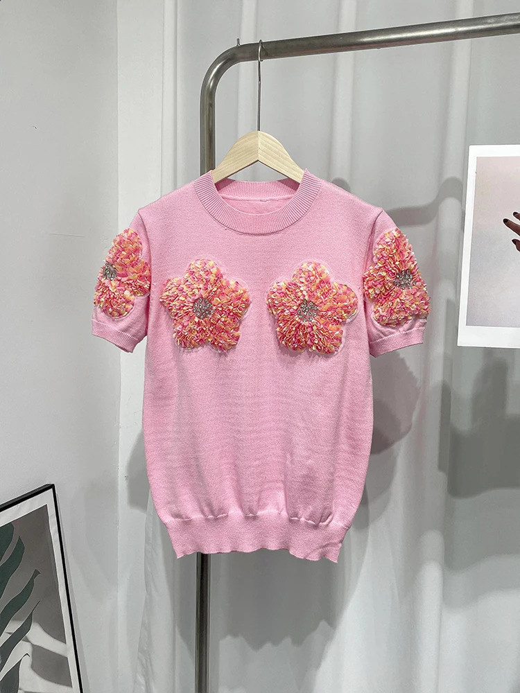 Fashion 3D Flower Print Women Knit Pullover Elegant Slim O-neck Short Sleeve Sweater Spring Summer Female Panelled Knitwear 240812