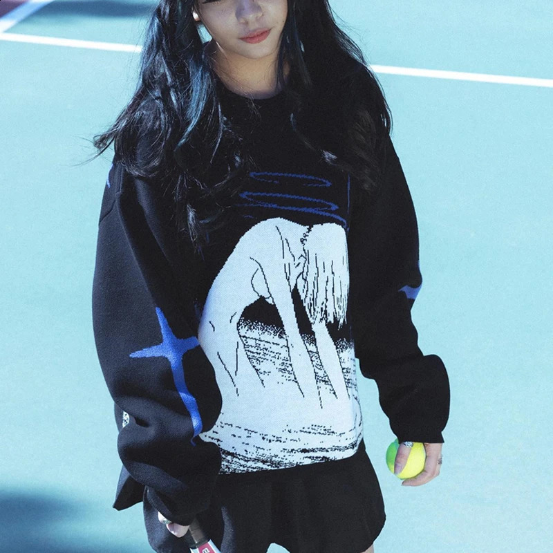 Womens Knitting Cute Anime Print Pattern O Neck Pullover Sweater Streetwear Girls Oversized Harajuku Knitwear Womens Y2k 240812