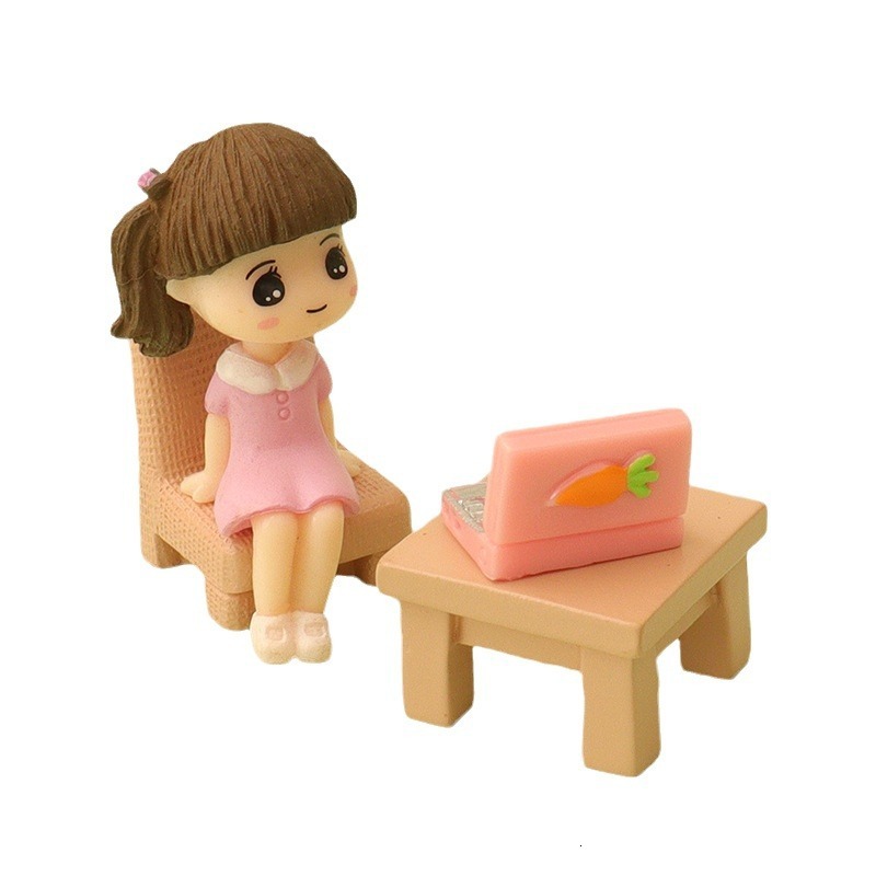 Cartoon Cute Little Girl Mini Computer Desk and Chair Micro Landscape Work Scene Baby House Accessories Home Decoration Ornament