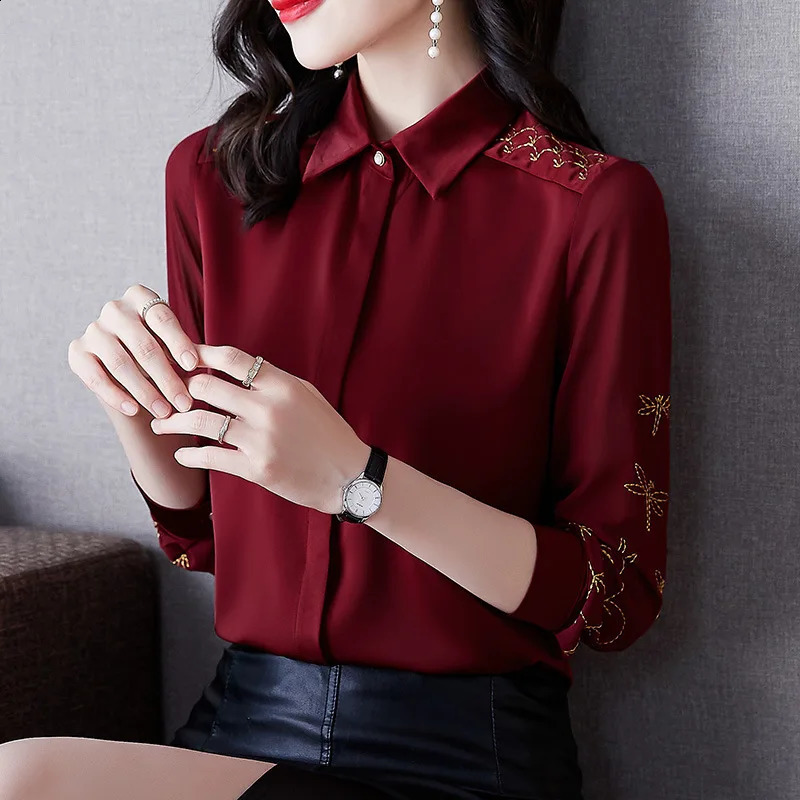 Chiffon womens long sleeved shirt OL temperature spring summer acetate satin 240814