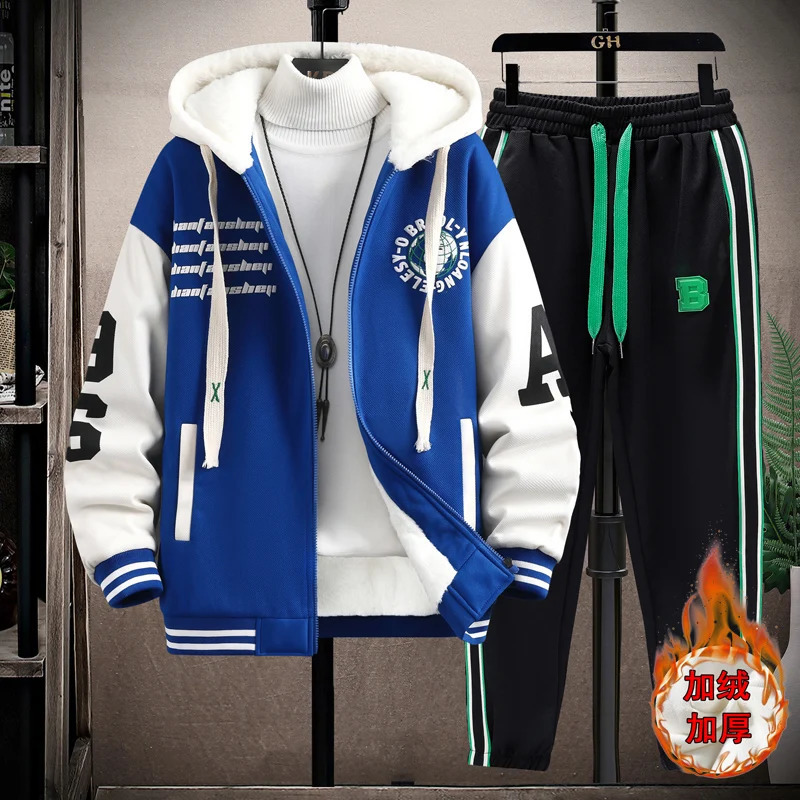 Winter Hooded JacketPant 2-piece Set Men Set Sports Suit Fleece Thickened Sportswear Casual Men Tracksuit 240821