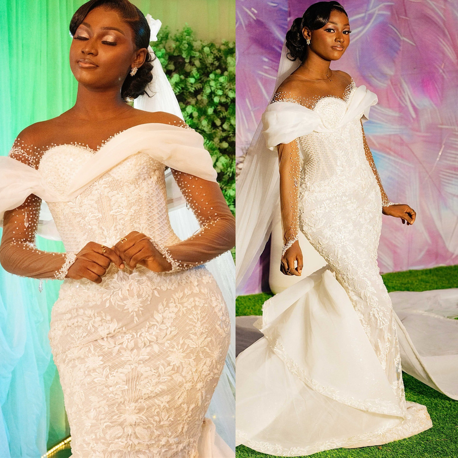 2024 Ivory Mermaid Wedding Dress Pearls Sheer Neck Full Sleeves Lace Vintage Detachable Train Elegant Bridal Gowns Dresses ZJ204