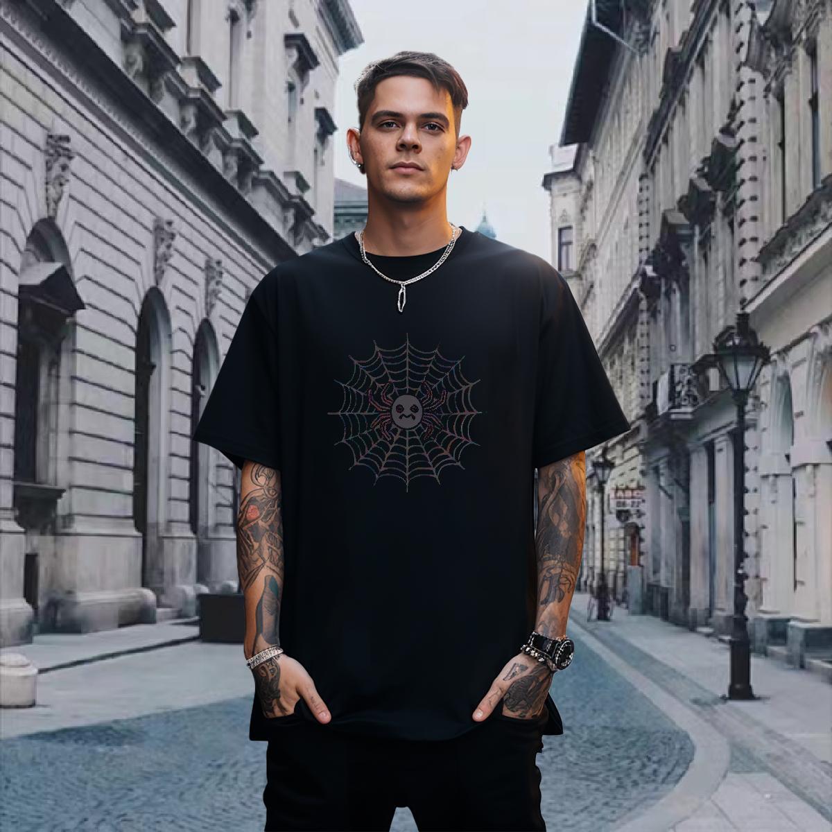 Cool Men T Shirts 230g 100% Cotton spider web High Street Hip Hop Customized Print Breathable Short Sleeve Couples T Shirts 2024 Summer Tshirts