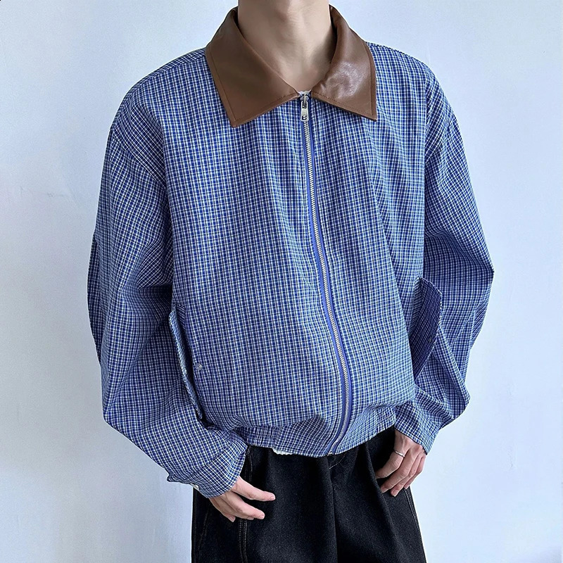 Mens Leisure High Street Blue Plaid Jacket Streetwear Turn-down Collar Korean Harajuku Clothes Long Sleeve Zipper Coats 240816