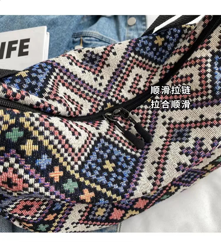 Female Shoulder Messenger Bag Trend Simple Zipper Handbags Ethnic Style Canvas Small Tote Woven Beach 240816Z