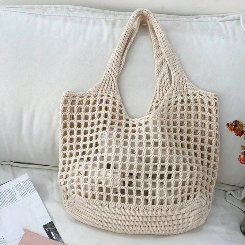 Casual Hollow Knitted Large Tote Bag Handmade Woven Women Shoulder Bags Summer Beach Shopper Purses 240816