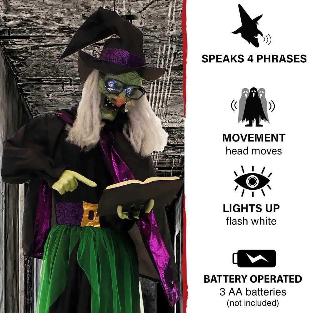 Halloween decoration - a life sized terrifying talking witch holding a magic book Halloween animation with touch activated light and batteryX240817