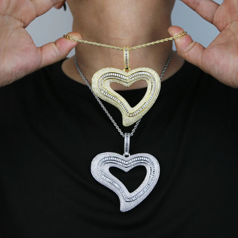 ice out large hollow heart-shaped pendant necklace with golden shimmer CZ cubic zirconia tennis chain charm womens hip-hop jewelry 240810