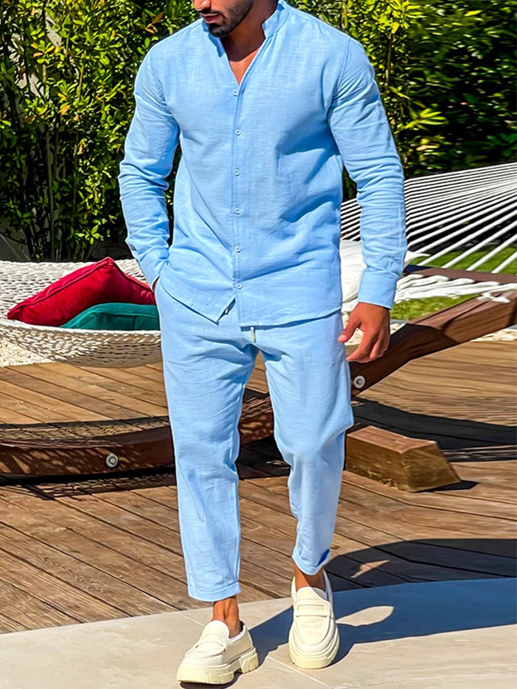 Casual Cotton Tracksuits Mens Autumn Long Sleeve Stand Collar Tops And Pants Two Piece Sets Men Vintage Solid Color Loose Sutis 240821