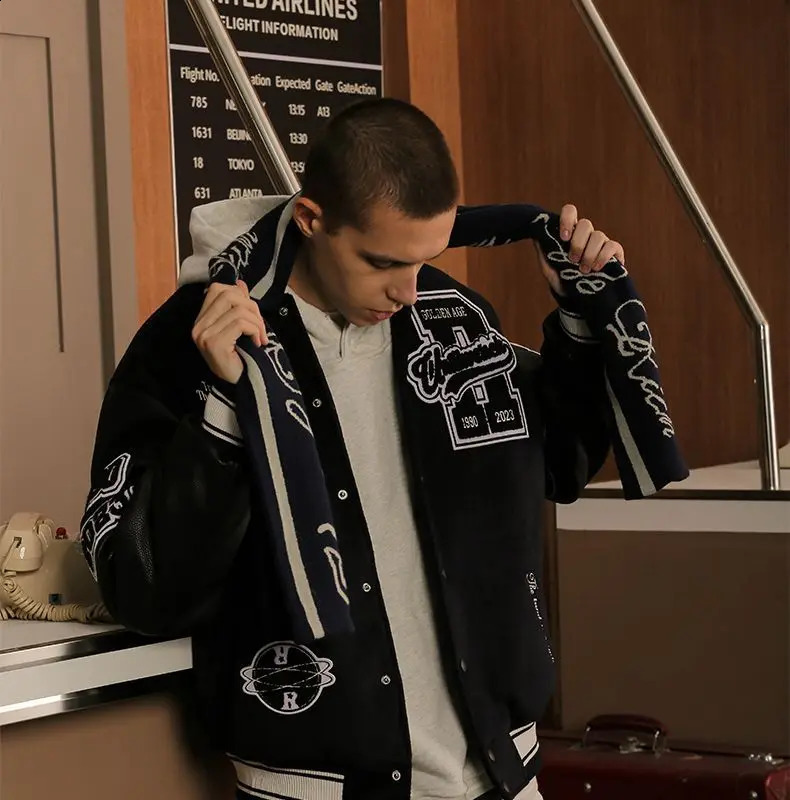 Mens American style heavily embroidered jacket Y2K retro baseball uniform black personalized spring and autumn wool leather 240809