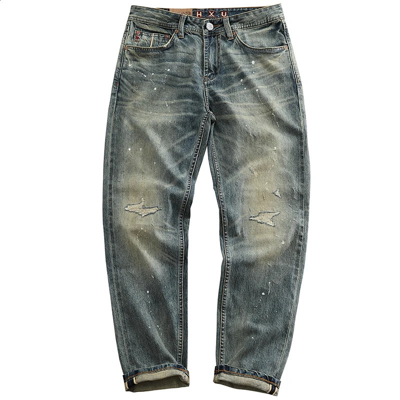 Red Selvedge Denim Jeans for Men High Quality 125oz Tapered Straight Pants WHISKER Painting Washed American Vintage Y2k 512 240816