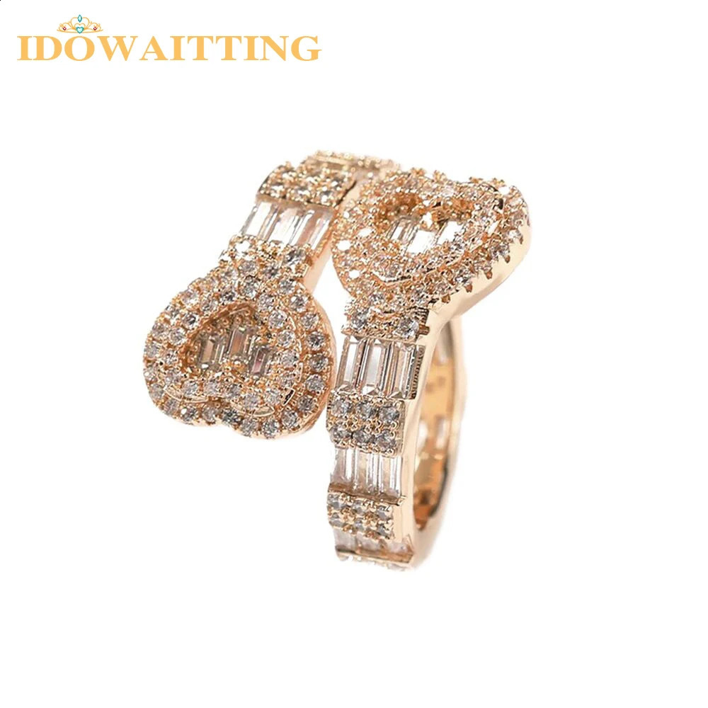 Full Paved Bling Cubic Zirconia Open Heart Rings Iced Out CZ Double Heart Staple Charm Adjusted Hip Hop Finger Jewelry For Women 240813