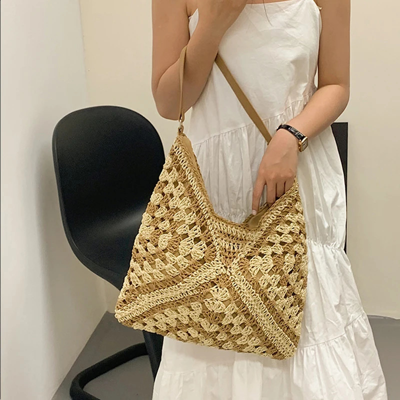 Weaving Portable Shoulder Bag Summer Vacation Package Niche Web Hollowout Straw Knitted Underarm Beach Shopper 240816Z