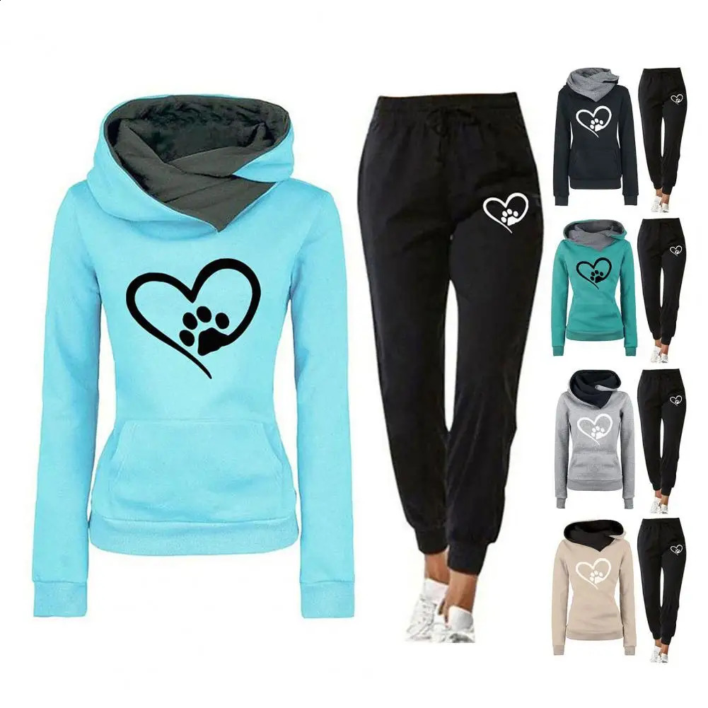 2Pcs/Set Women Autumn Winter Sport Outfit Hooded Long Sleeve Front Pocket Sweatshirt Tops Elastic Waist Jogger Pants Tracksuit 240809