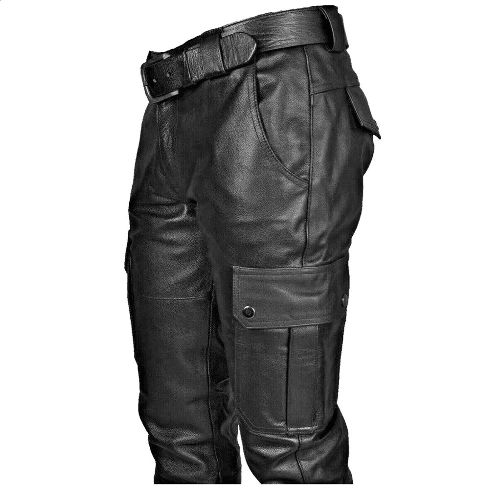 Mens Casual Leather Pants Fashion Moto Biker Trousers Hip Hop Street Wear Y2K Clothing Male Motorcycle Pant With Cargo Pocket 240816