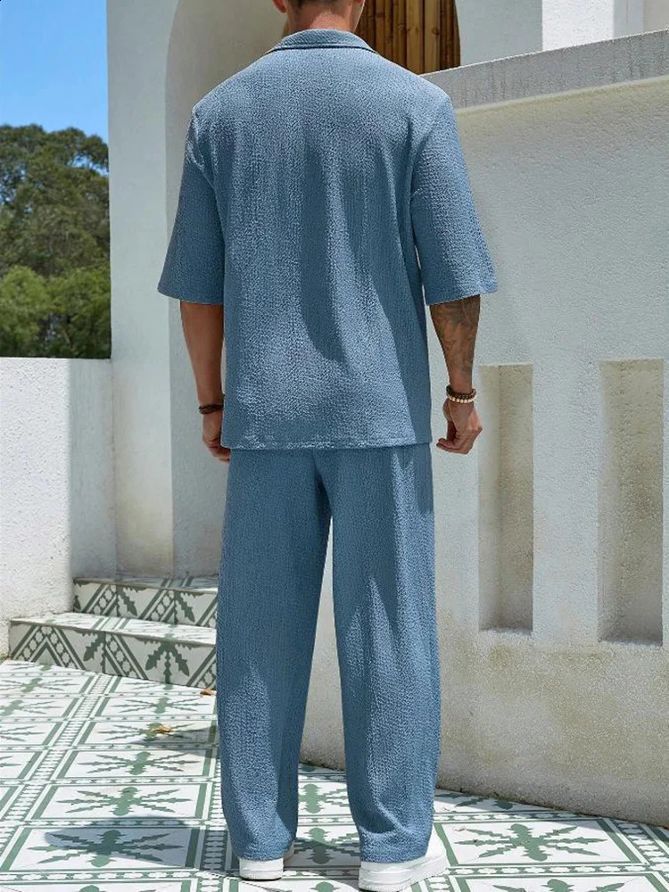 Autumn mens tracksuit set Trouser set 2-piece solid one-third sleeve shirt pants casual street trend mens clothing 240827