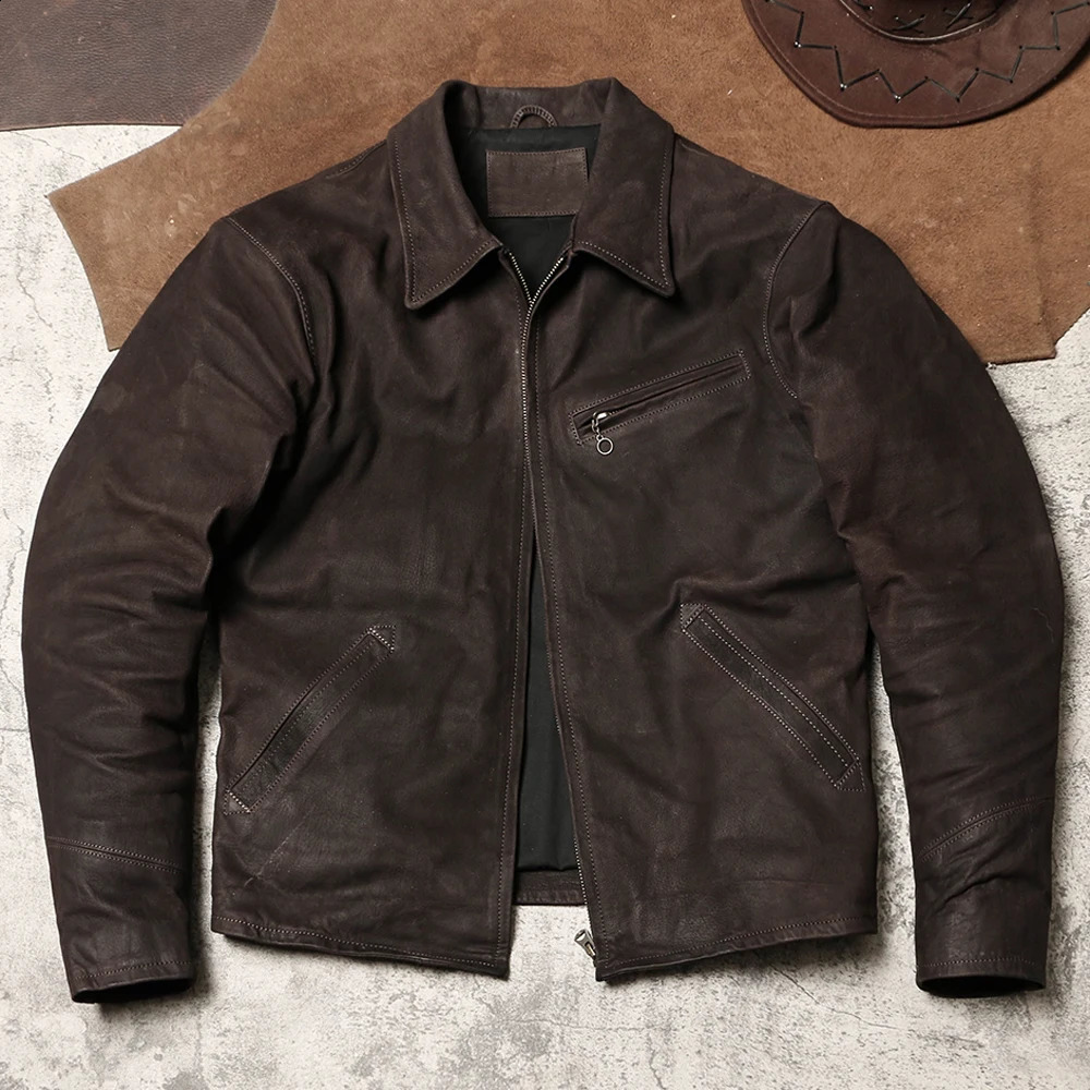 Retro fashion motorcycle mens jacket Distressed Suede Goatkin flight suit sheepskin coat 240816