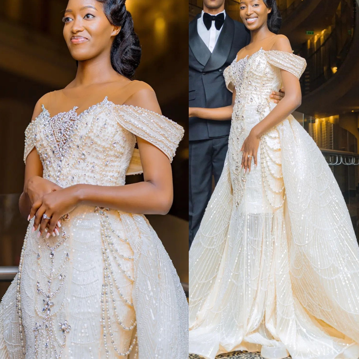 2024 Cream Mermaid Wedding Dress Pearls Rhonestones Detachable Sequined Train Sheer Neck Bridal Gowns Dresses ZJ205