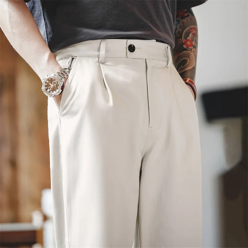 Maden Vintage Gentleman Naples Pants Korea Fashion Casual Paris Button Straight Wide Trousers 100% Cotton Solid Work Suit 240824