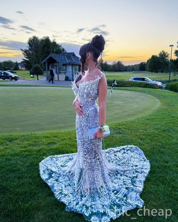 2024 Silver Mermaid Prom Evening Dress Rhinestons Beaded Promdress Fulllace Party Formal Birthday Second Gowns Dresses For Special Occasions