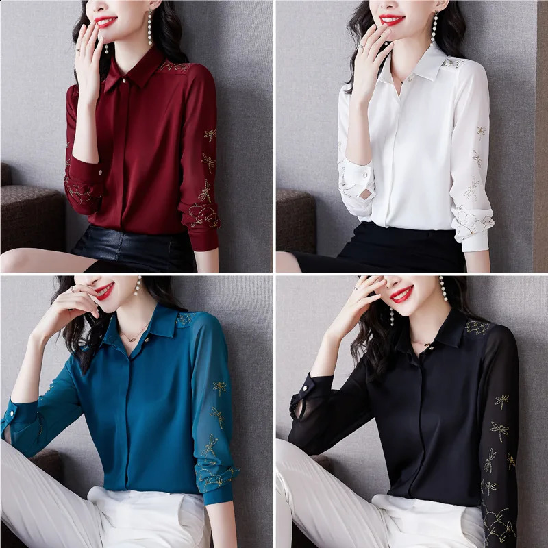 Chiffon womens long sleeved shirt OL temperature spring summer acetate satin 240814