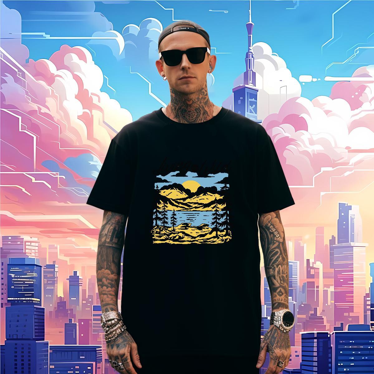 Classic T Shirts Men 230g 100% Cotton mountains Anime Printing Street DIY Short Sleeve Soft Tshirts 2024 Summer Tee Shirt