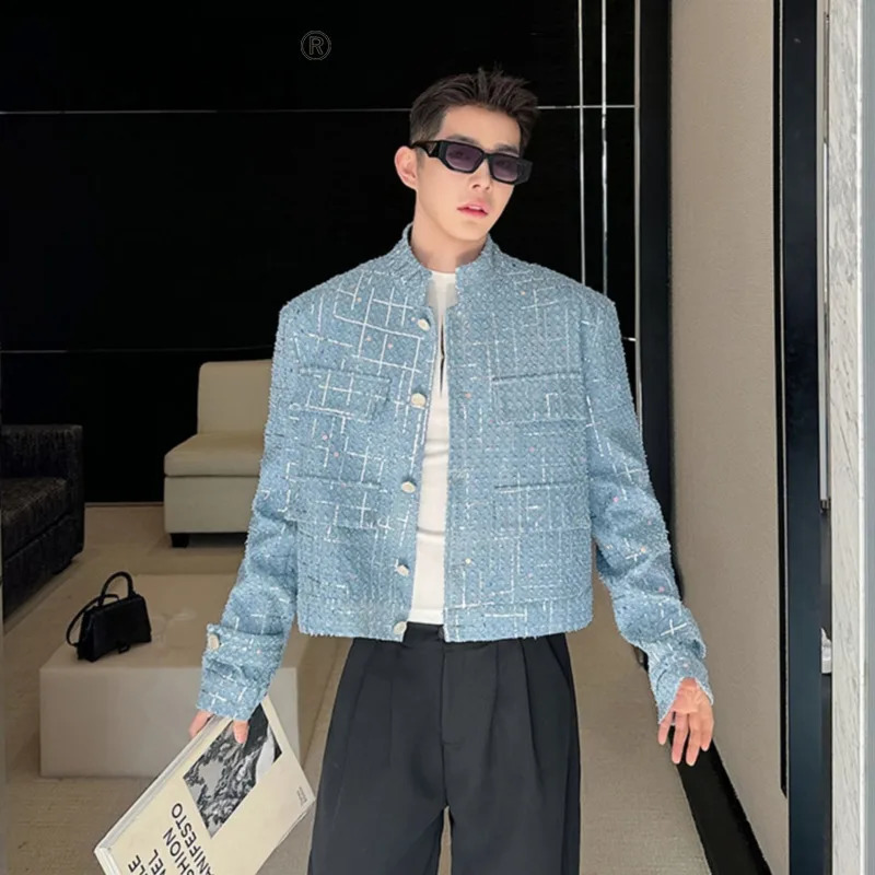 NOYMEI Denim Sequin Short Jacket Mens Fashion All-match Pockets Decoration Stand Collar Spring Korean Style Coat WA4033 240816