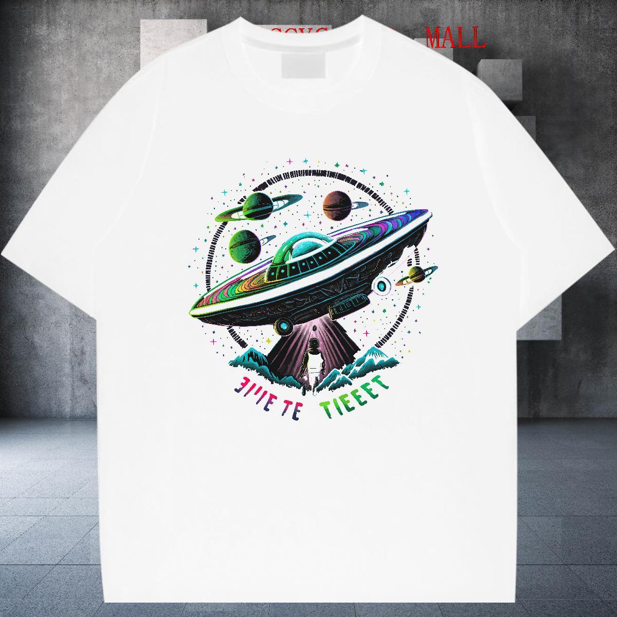 TOP Quality T-Shirts for Men 230g Cotton UFO Summer Casual Plus Size Cartoon Crew Neck Breathable Tshirts Fashion Tops
